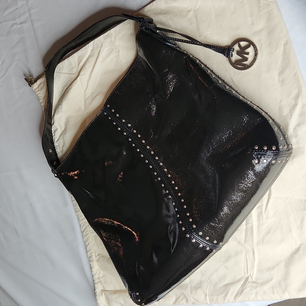 Michael Kors Aster Uptown Silver Studded Black Patent Leather Hobo Bag